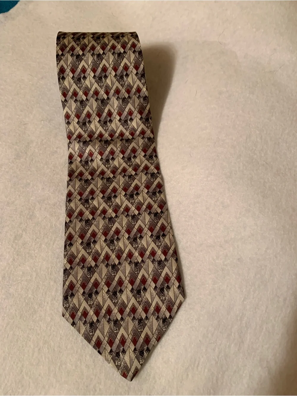 Vintage 90s Barrington Geometric 3D Cube Silk 4” Power Necktie Maroon Cream